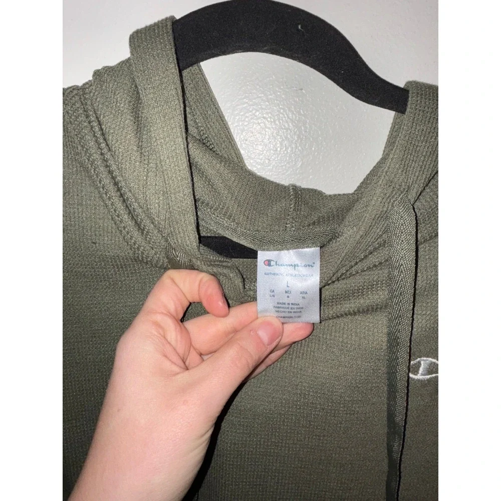 Champion Hoodie Womens Sz L Olive Green Excellent Cropped Waffle Knit Sweatshirt - Picture 3 of 5